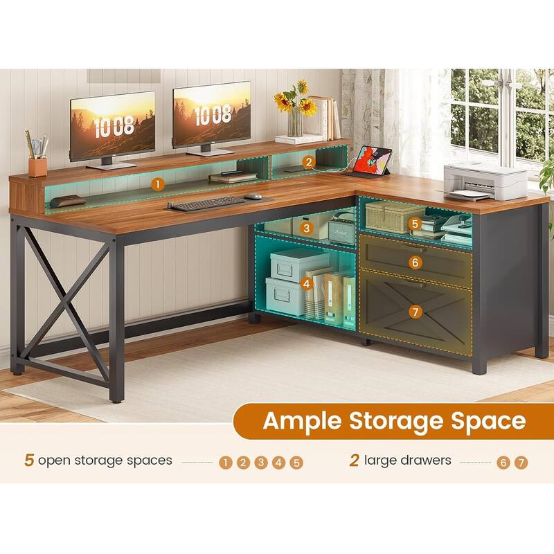 L Shaped Desk 55" Home Office Desk Drawers Storage Shelves