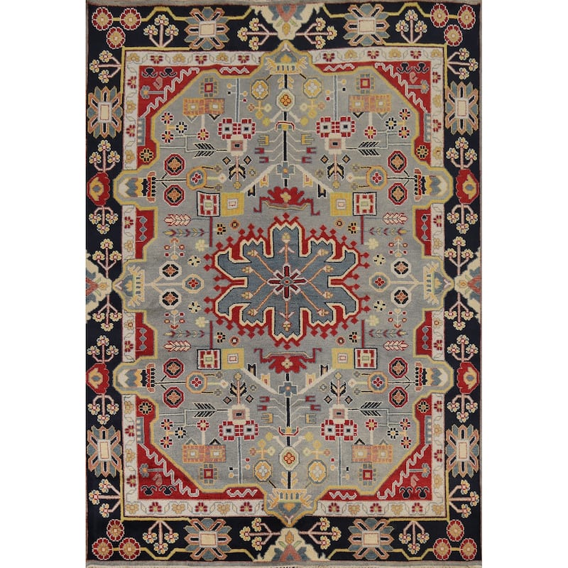 Gray Geometric Kazak Oriental Area Rug Hand-Knotted Wool Carpet - 8'1"x 10'0"