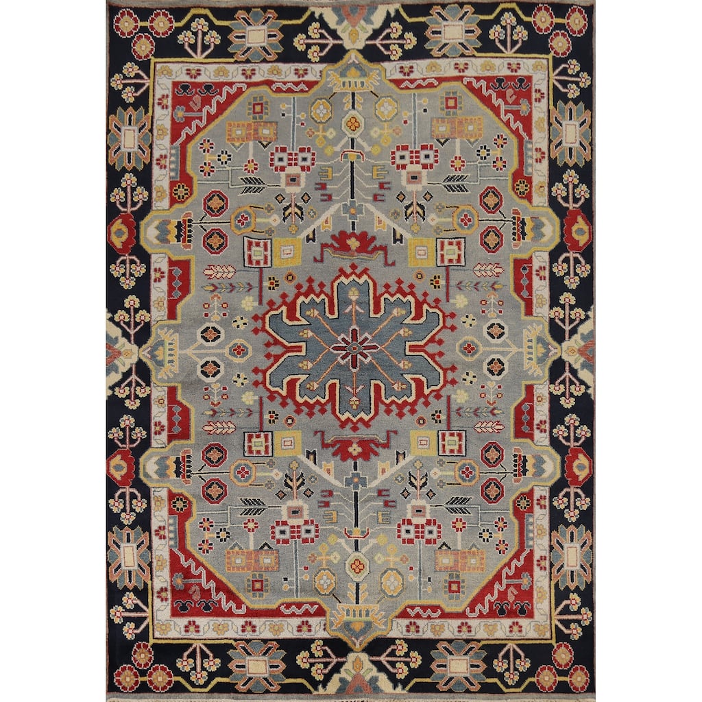 Gray Geometric Kazak Oriental Area Rug Hand-Knotted Wool Carpet - 8'1"x 10'0"