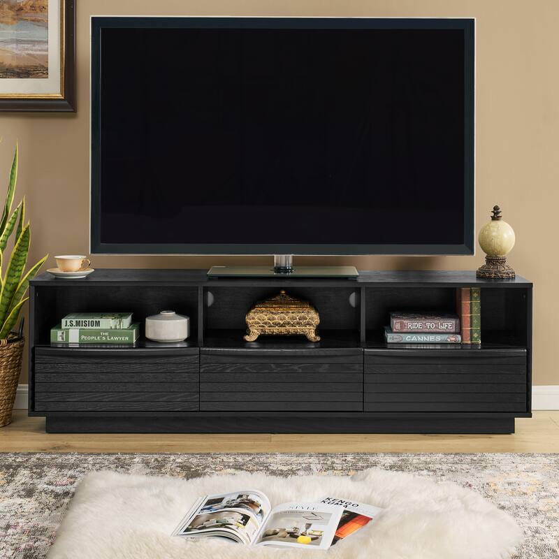 63" Mid-Century Modern TV Stand for TVs up to 75", Entertainment Center with 3 Solid Wood Drawers & Outlet Holes, Open Storage