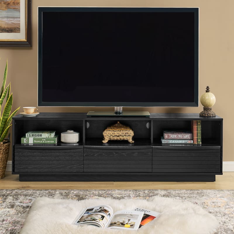Roomfitters 63" Mid Century Modern TV Stand, Solid Wood Farmhouse Entertainment Console, Louver Doors & Outlet Holes - Black