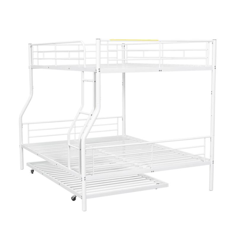 Full XL Over Queen Metal Bunk Bed with Trundle and Guardrail, Convertible to Two Beds
