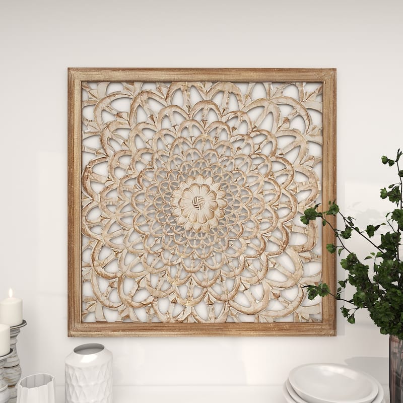 Wood Floral Handmade Intricately Carved Home Wall Decor with Layered Petals - Brown - Roche River Decor