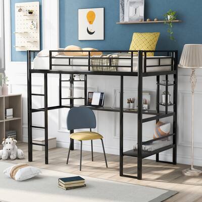 Twin Size Metal Frame Loft Bed Built-in Ladder, Upper Bunk with Full Length Guardrail with MDF Panel Long Desk and Shelves