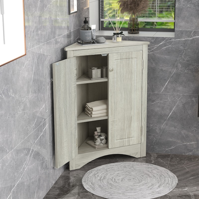 Triangle Bathroom Storage Cabinet with Adjustable Shelves, Corner Cabinet Oak Medicine Cabinet with 2 Doors