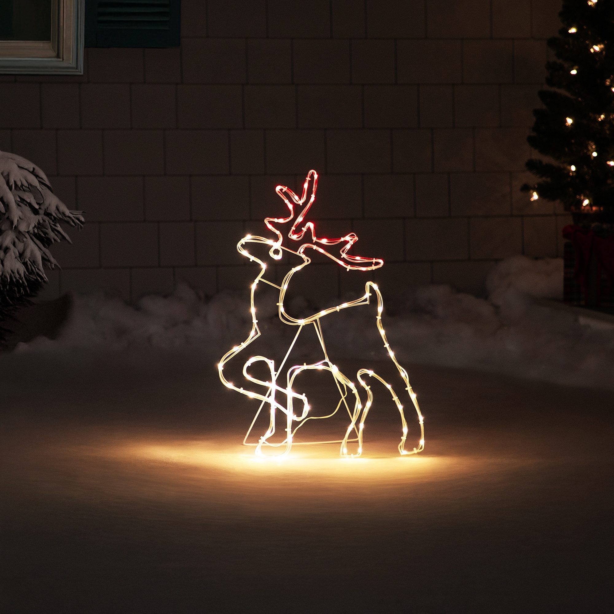 LED Rope Reindeer Silhouette Christmas Decor 24" White Red Lights