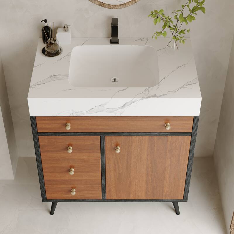 GDFStudio - Bristol Modern 29.9" Freestanding Bathroom Vanity with Sintered Stone Top, Ceramic Sink & Stainless Steel Legs