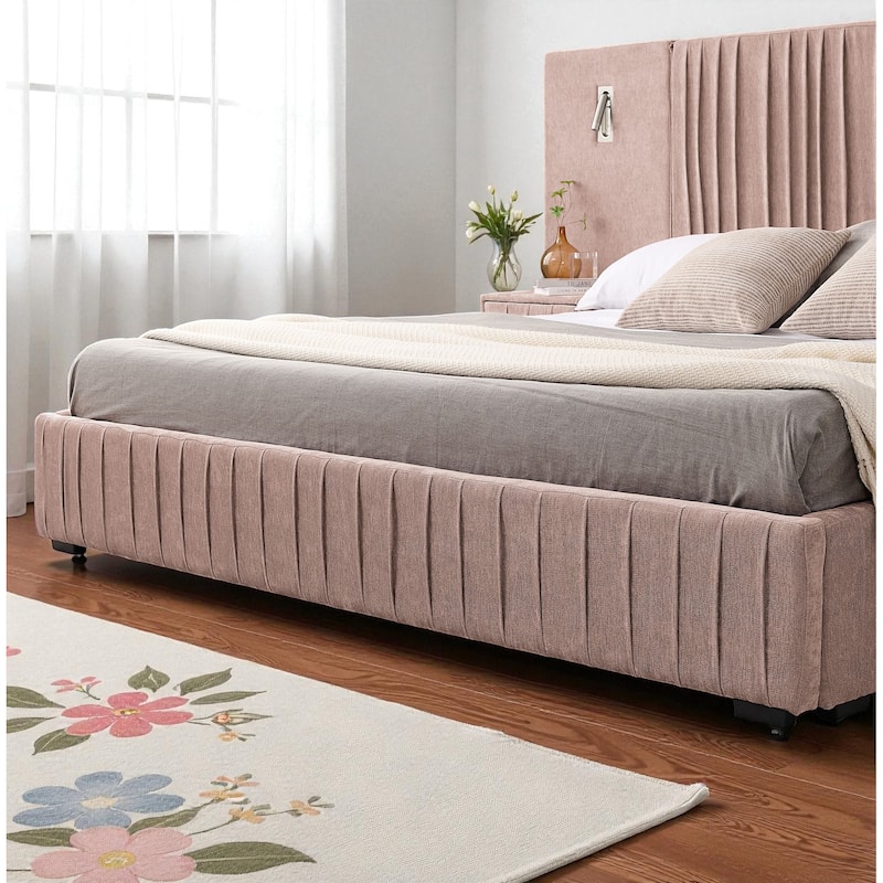 King Upholstered Platform Bed with Pleated Chenille Headboard, Built-in Bedside Table & Adjustable Lamps, No Box Spring