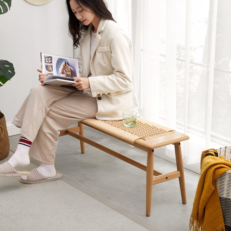 Oak Bedroom End of Bed Bench Leisure Stool with Rattan Decor, Simple Wooden Corridor Stool Dining Bench for Living Room