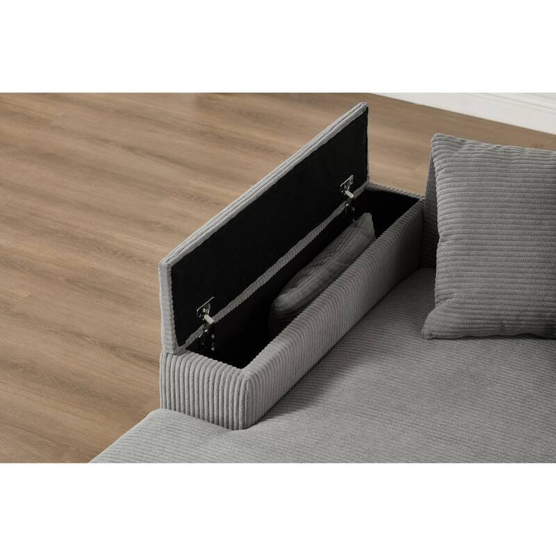 111" Luxury L-Shaped Sectional - Convertible Chaise Lounge with Hidden Storage, Corduroy Upholstery