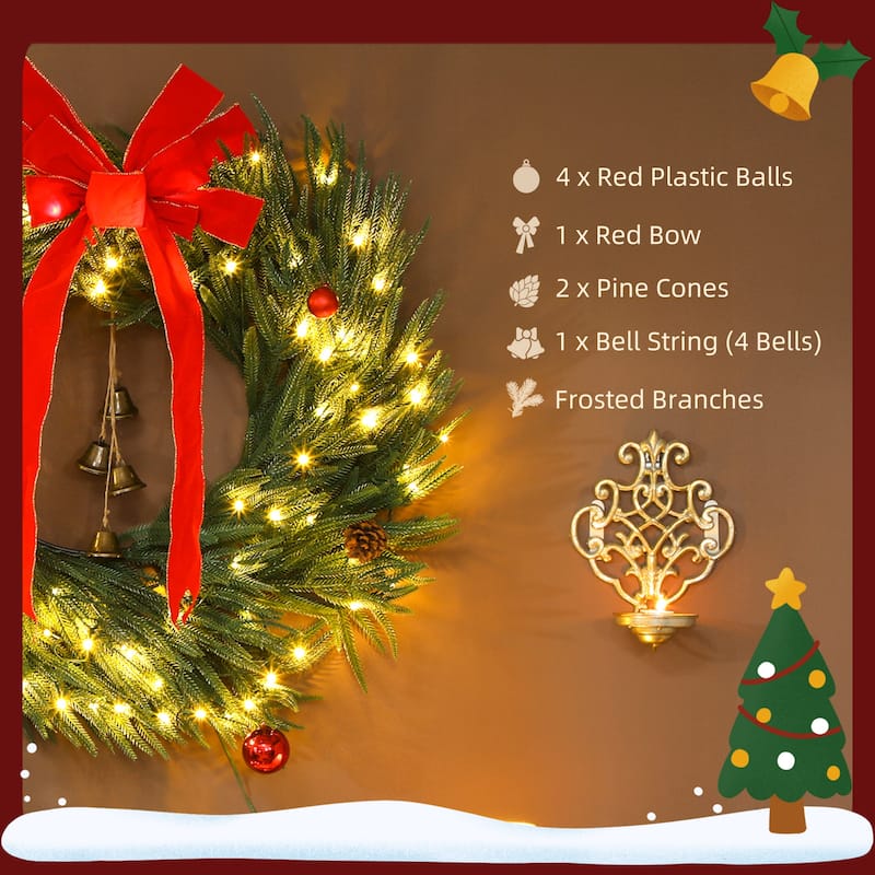 HOMCOM 36 Inch Christmas Wreath for Front Door with 100 LED Lights, Prelit Christmas Wreath with 8 Lighting Modes