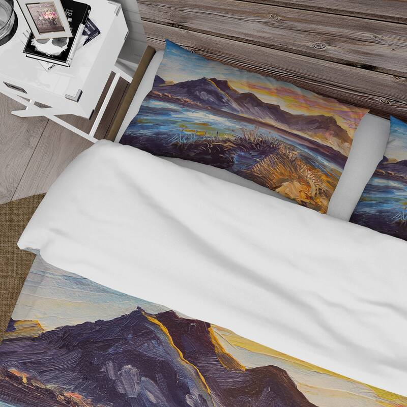 Designart 'Pink Sunset Over The Mountains By The Sea' Nautical & Coastal Duvet Cover Set