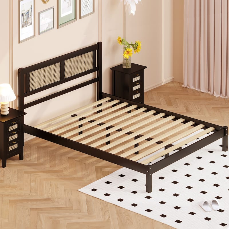 Full Size Platform Bed with Natural Rattan Headboard, Minimalist Design