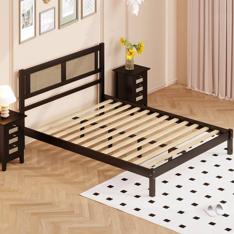 Natural Hollow Rattan Headboard Bed Frame, Wood Platform Bed, Wooden Slat Support Panel Bed for Bedroom