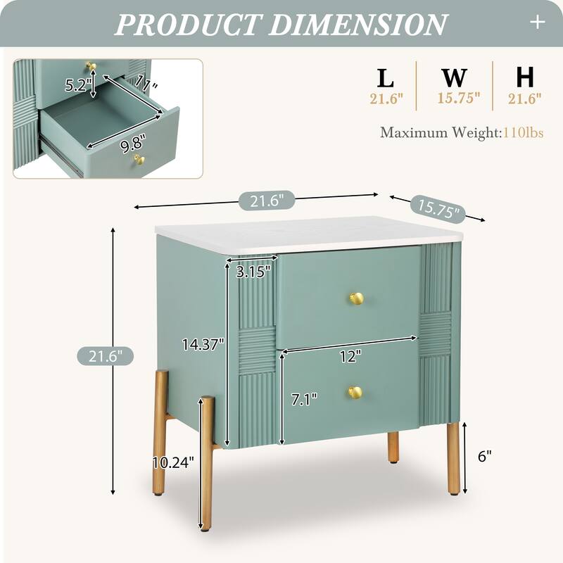 Contemporary Nightstand Featuring 2 Storage Drawers, Fluted Design with Gold-Tone Metal Handles and Legs, Versatile End Table