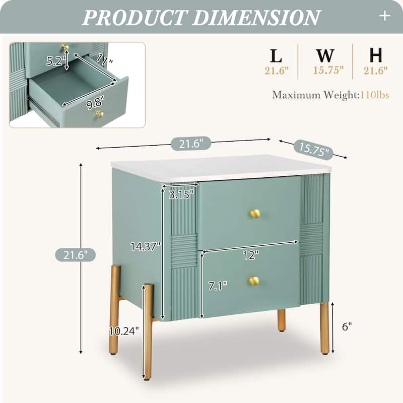 Modern Nightstand with 2 Storage Drawer, Fluted Bedside Table with Golden Metal Handles and Legs