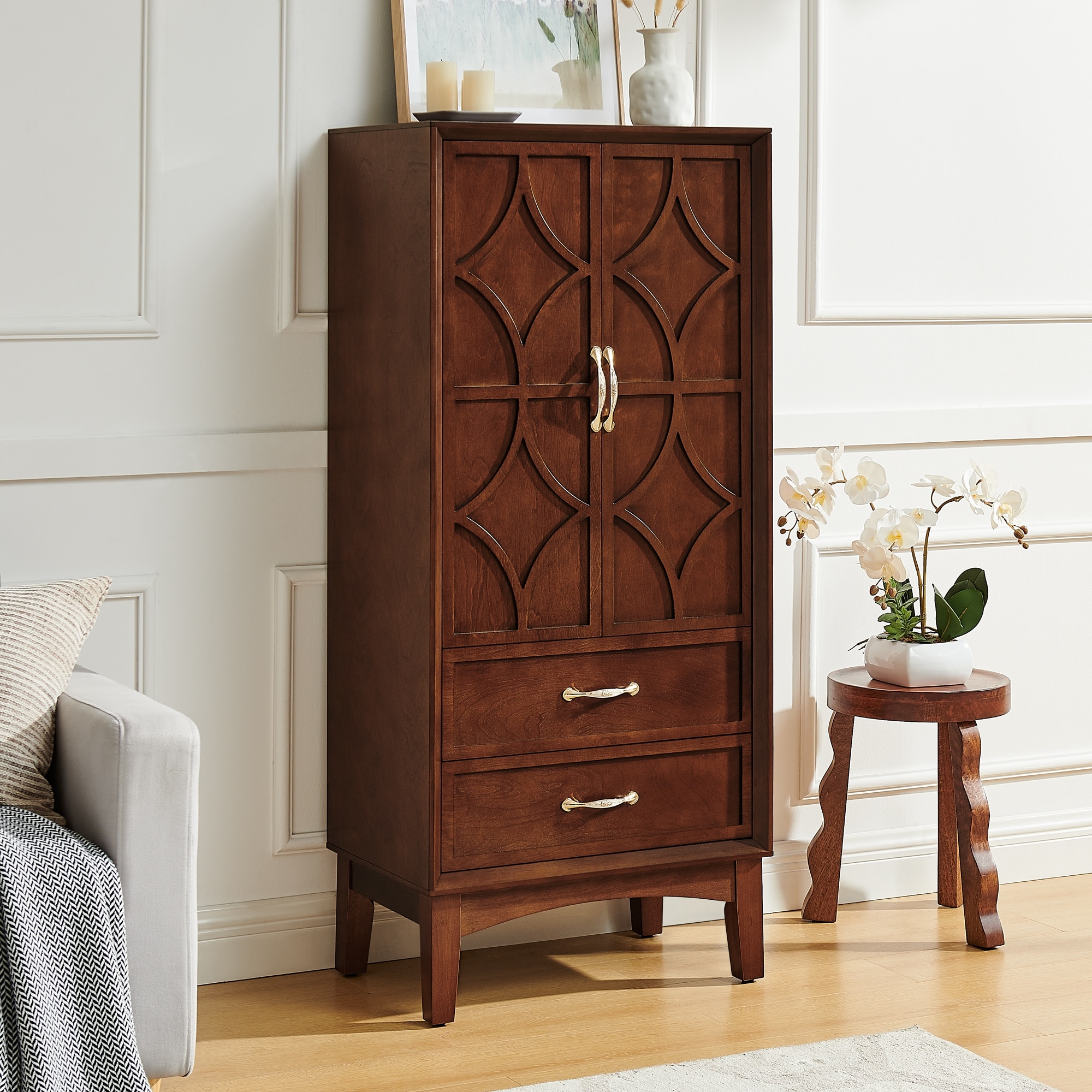 53.5" Tall Mid Century Modern Wood Kitchen Pantry Storage Cabinet with Doors and Drawers Walnut by GDFStudio