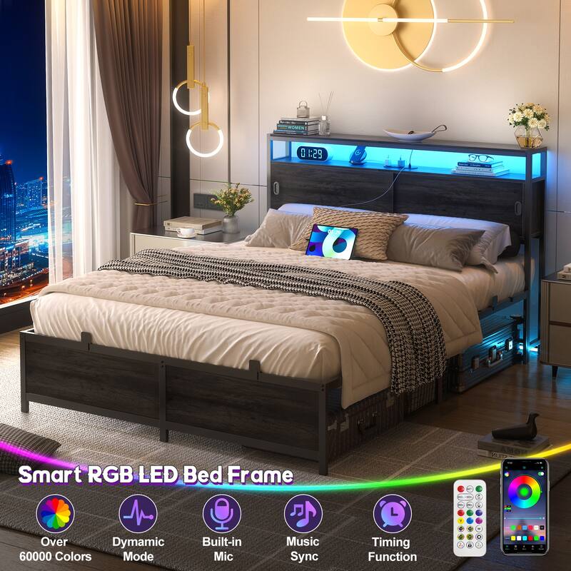 Platform Bed Frame with Sliding Doors Storage Headboard, Beds with Charging Station and LED Light