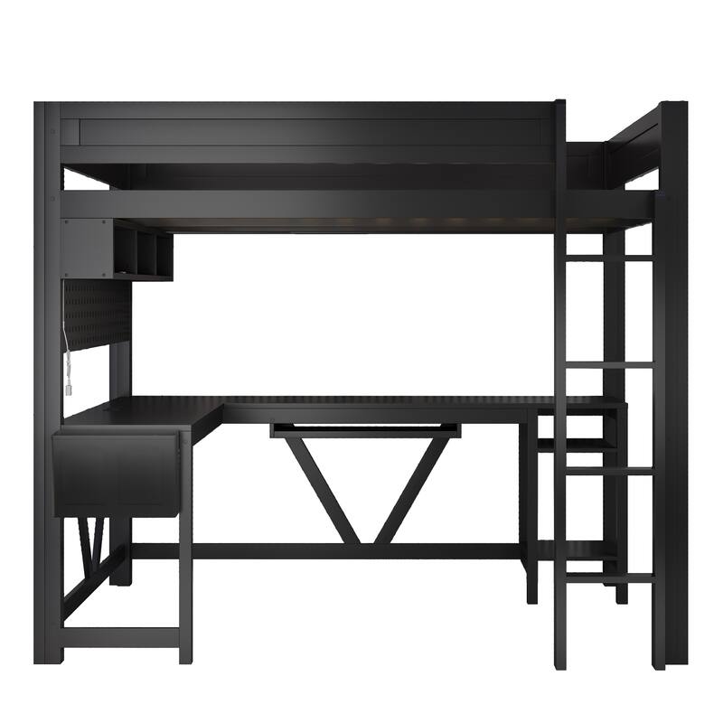 Wood Full Size Gaming Loft Bed Frame with Computer Desk, Grid Storage Panel, Storage Shelves, Cabinet, LED and Charging Station