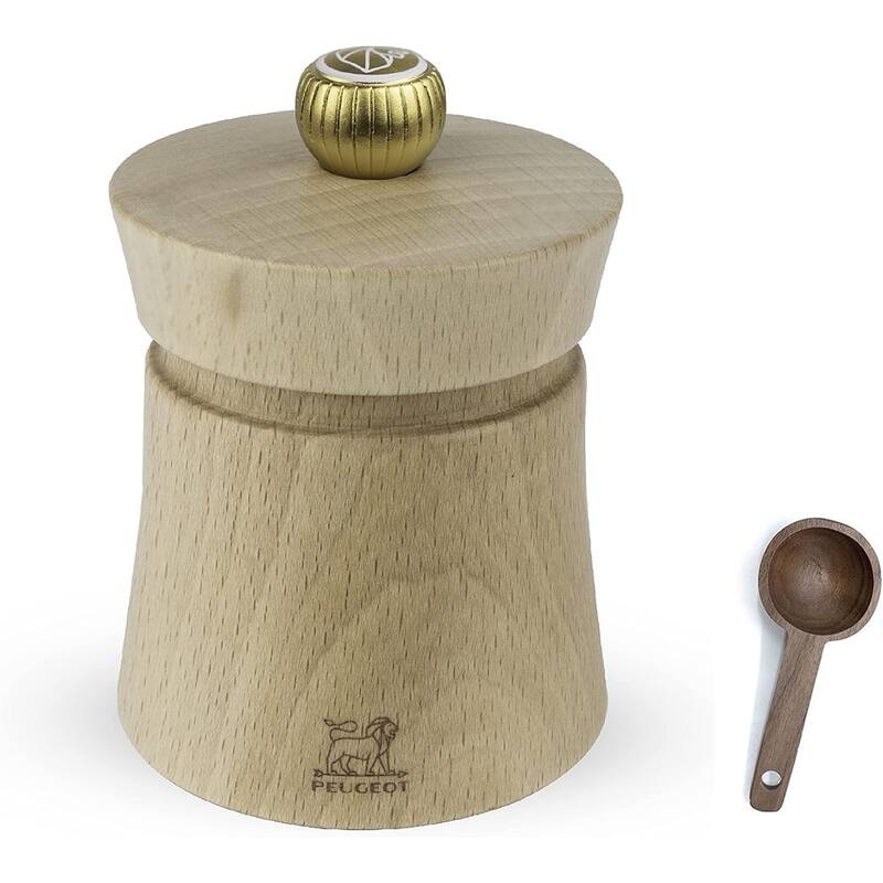 Peugeot Baya Natural Salt Mill Gift Set 3", Chocolate With Wood Spice Scoop - Natural - 2 Piece