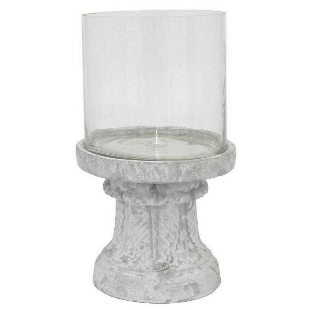 Kris Candle Holder, Hurricane Glass Top, White Gray Ceramic 14 Inch - White, Gray, Clear