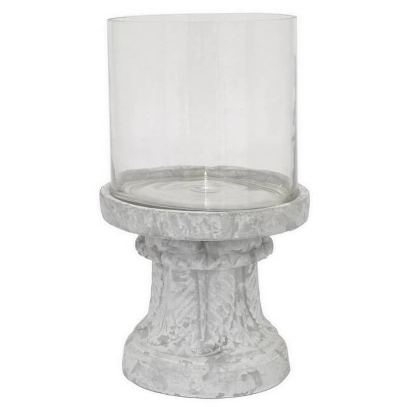 Kris Candle Holder, Hurricane Glass Top, White Gray Ceramic 14 Inch - White, Gray, Clear