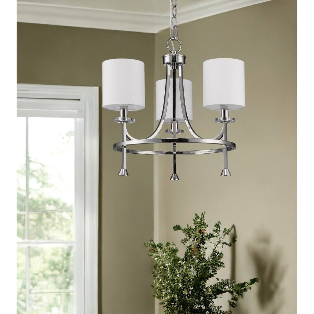 HomeRoots Silver Candle Style Three Light Metal Dimmable Chandelier With White Shades - 18' X '16.5' X '18
