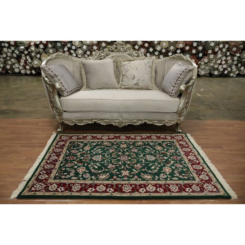 Hand Knotted Oriental 100% Wool Carpet Traditional All-Over Green Agra Area Rug - 5' 10'' X 4' 0''