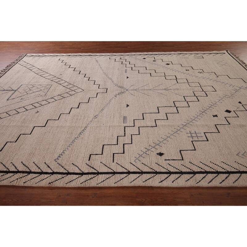 Geometric Ivory Moroccan Oriental Area Rug Handmade Wool Carpet - 9'0"x 13'3"