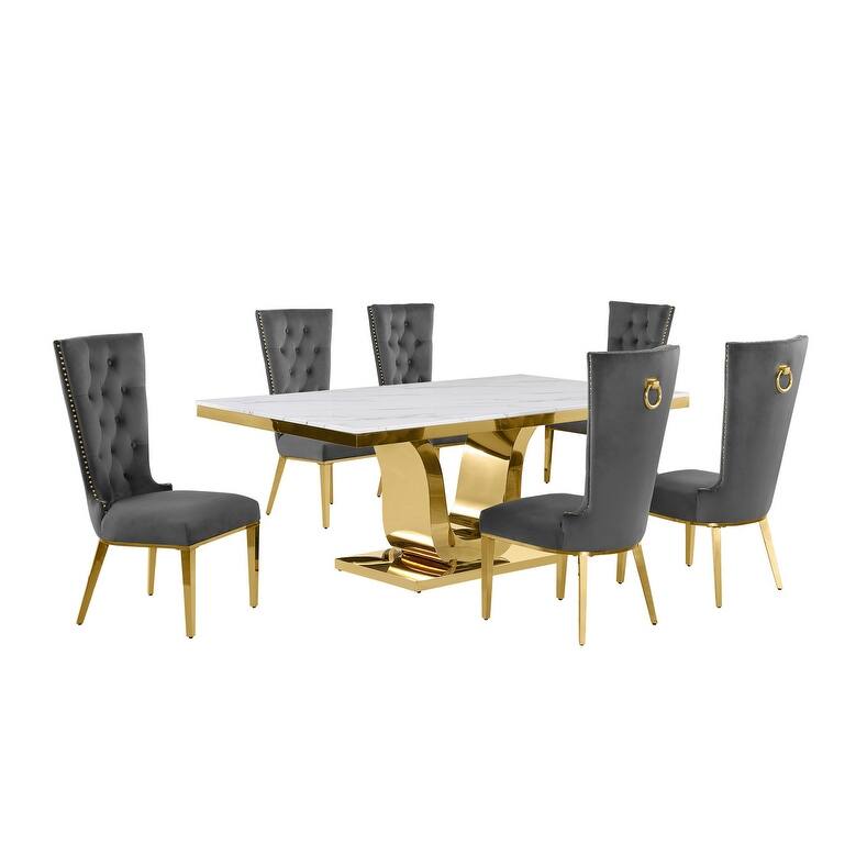Best Quality Furniture D321-SC334-7 Dining Set with 78" White Marble Top