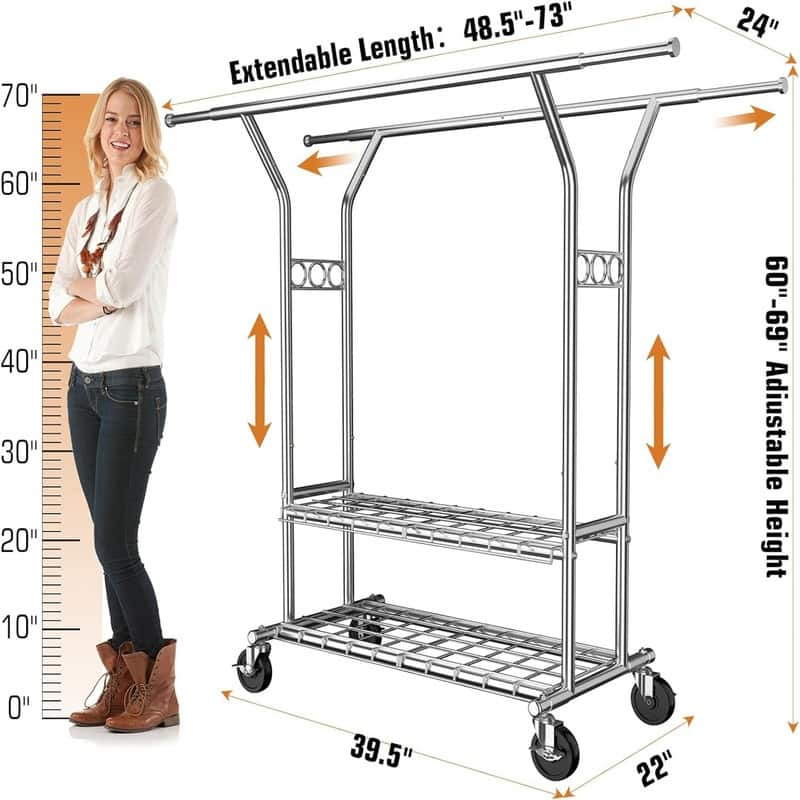 Heavy Duty Clothes Rack Rolling Clothing Rack - 40"D x 22"W x 4"H
