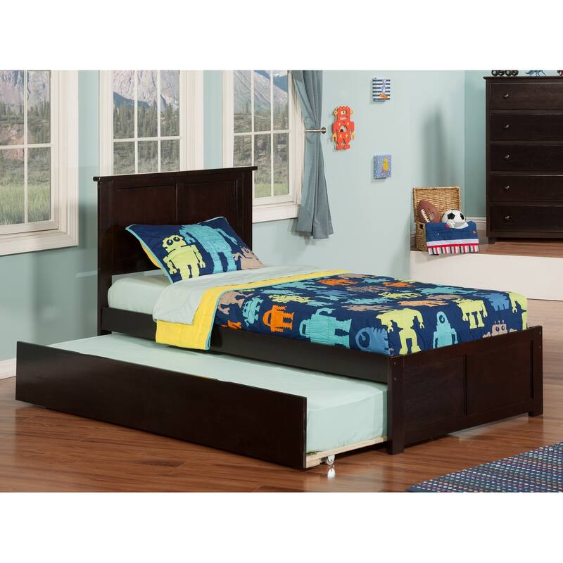 Handmade Platform Bed with Trundle & USB Ports - Twin Size, Espresso Finish, HomeStock