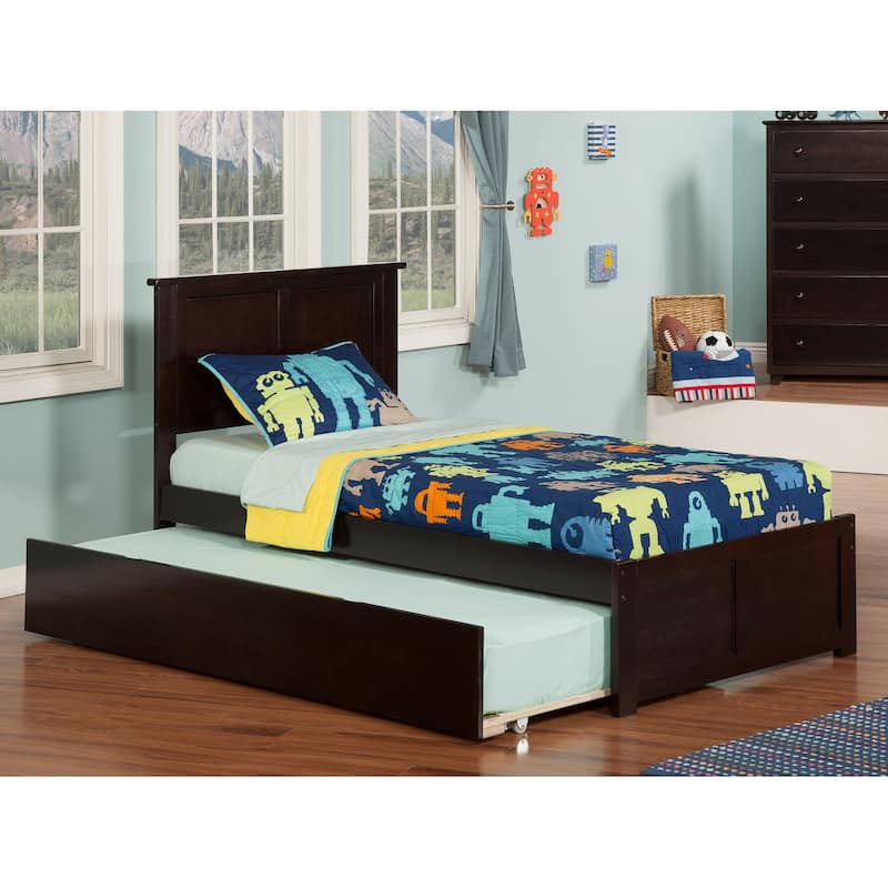 Twin Size Platform Bed with Trundle - Espresso Finish, Modern Design, Space Saving Furniture