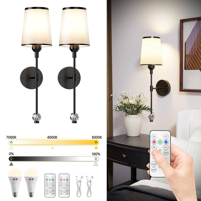 2-Pack Battery Operated Wall Sconces Rechargeable with Remote Control Dimmable 15-Color Light - N/A