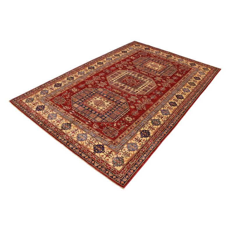 Rustic Super Kazak Sariyah Red/Tan Hand Knotted Wool Rug - 6'8'' x 9'11''