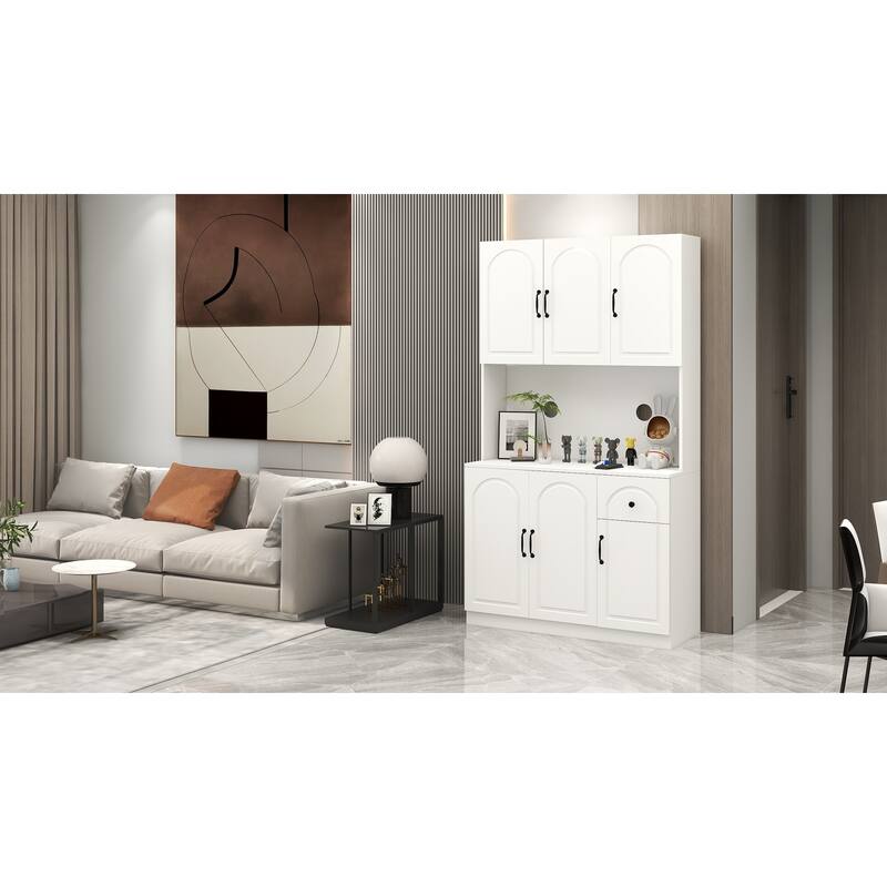 Kitchen Pantry with Microwave Countertop, Storage Cabinet with 6 Doors and 1 Drawer, Cupboard with Adjustable Shelves