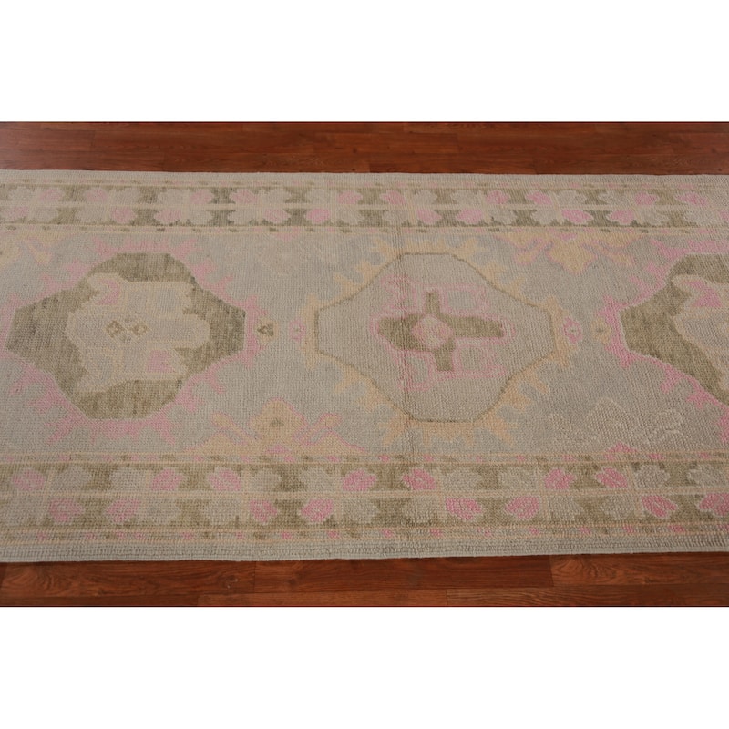 Hand Knotted Oriental 100% Wool Carpet Transitional Geometric Greys & Charcoal Oushak Runner Rug - 12' 11'' X 3' 5''