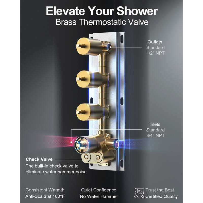 GRANDJOY Luxury LED Shower Faucets 20" Ceiling Mount Shower Head System with 6 Body Jets