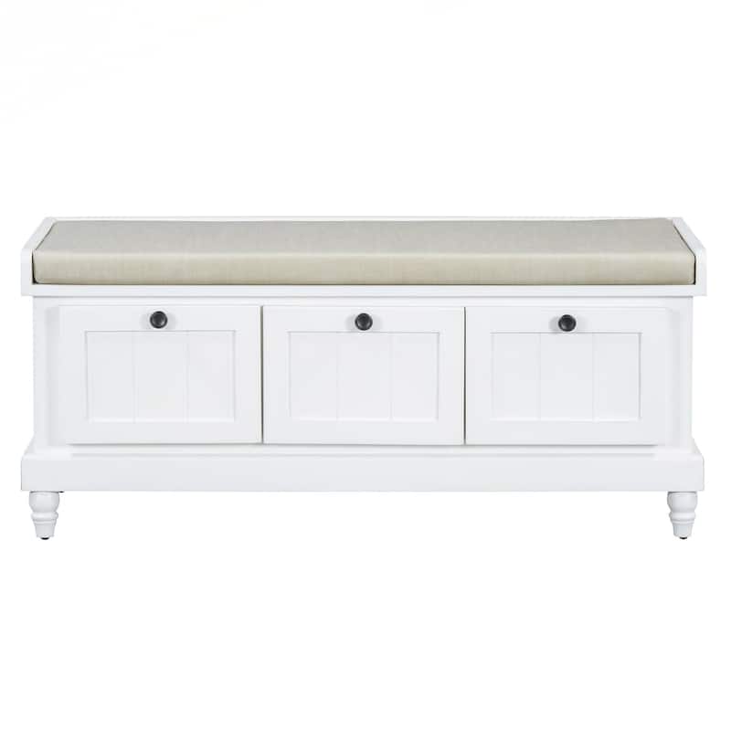 Classic Shoe Bench with Cushion and Three Drawers, Fluted Entryway Bench with Storage for Living Room, Entryway, and Hallways