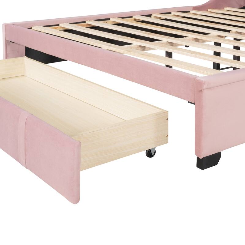 Velvet Upholstered Bed Platform Bed Frame Queen Size Wingback Bed with Tufted Headboard and Large Storage Drawer