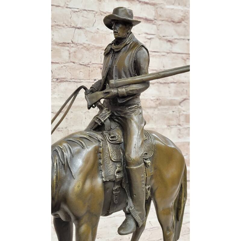 Western Cowboy On Horseback W/ Shotgun Bronze Sculpture Statue 16 Inches X 14 Inches