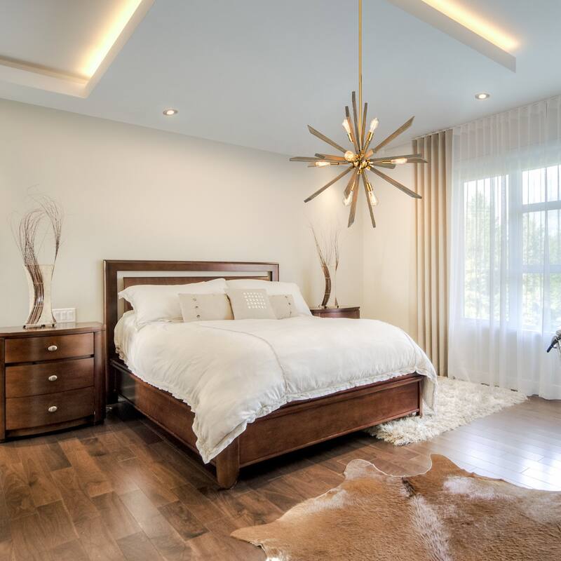 8-Light Gold Wood Farmhouse Sputnik Firework Chandelier Hanging Pendant Lighting - 40.2
