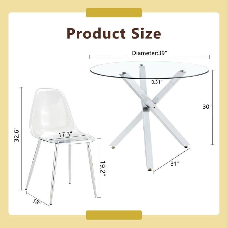 Set of 5 Piece Round Glass Dining Table and 4 Transparent Plastic Chairs X Shaped Metal Base