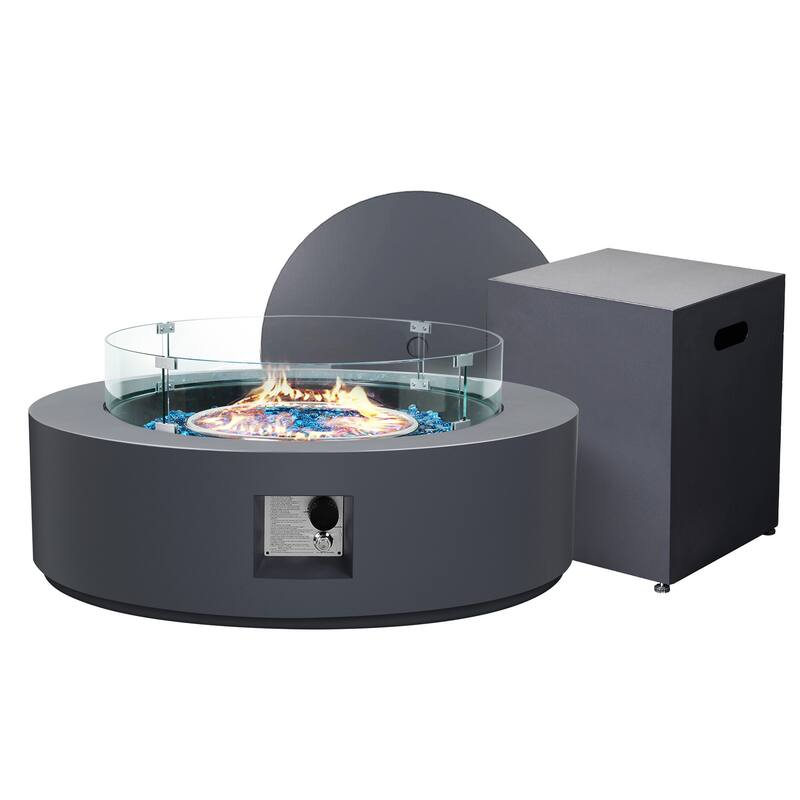 Patio Watcher iron outdoor fire pit table with gas tank cover, lid, and glass wind guard