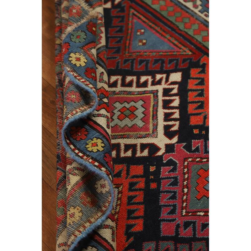 Hand Knotted Oriental 100% Wool Carpet Traditional Geometric Multi-Colored Kazak Runner Rug - 7' 6'' X 3' 4''
