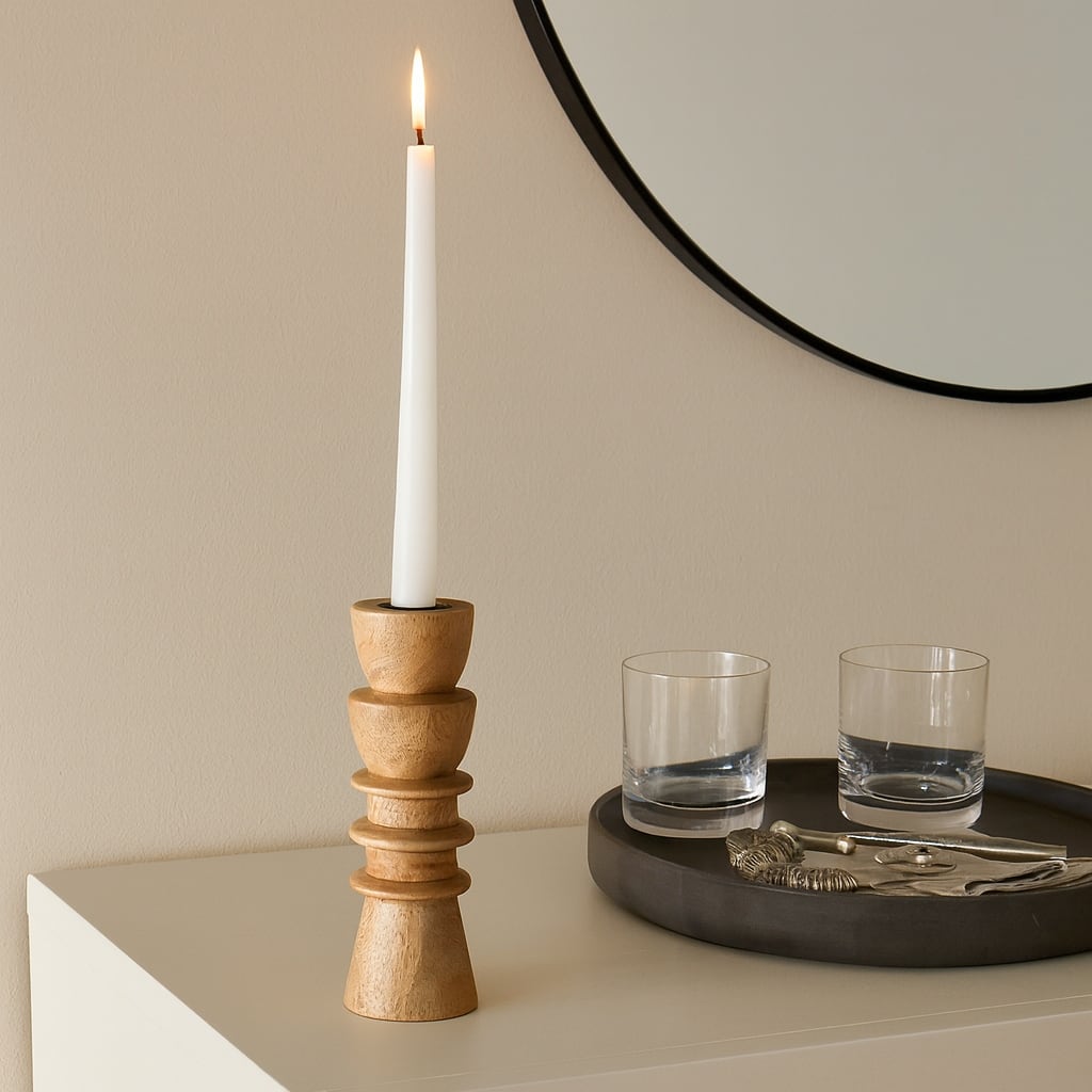 Mango Wood Modern Totem Carved Taper Holder - Tan