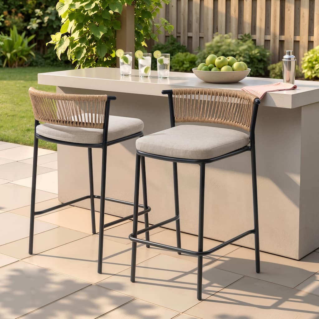 Indoor/Outdoor Patio Metal and Woven Rattan Bar Stool Set (2-Piece)