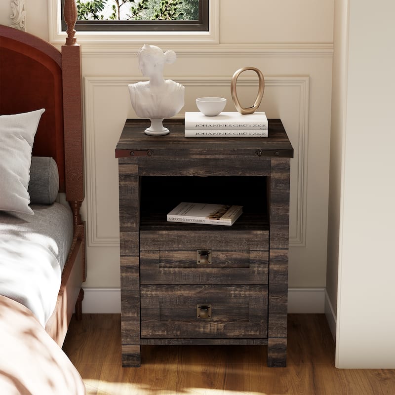 Farmhouse Nightstand with Charging Station, End Table, Side Table