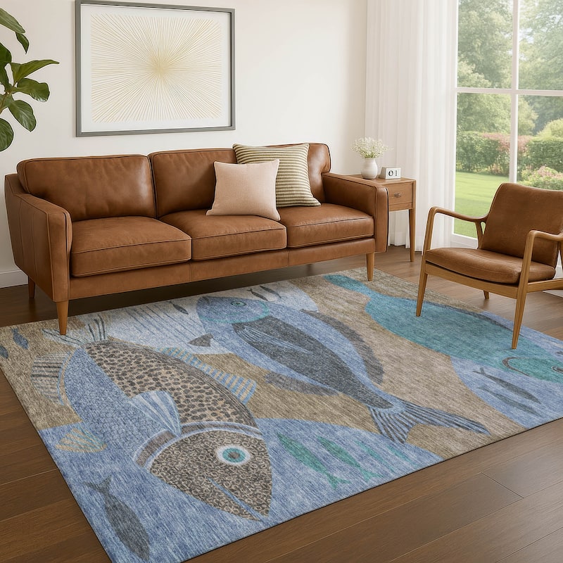 Machine Washable Indoor/ Outdoor Modern Fish Chantille Rug