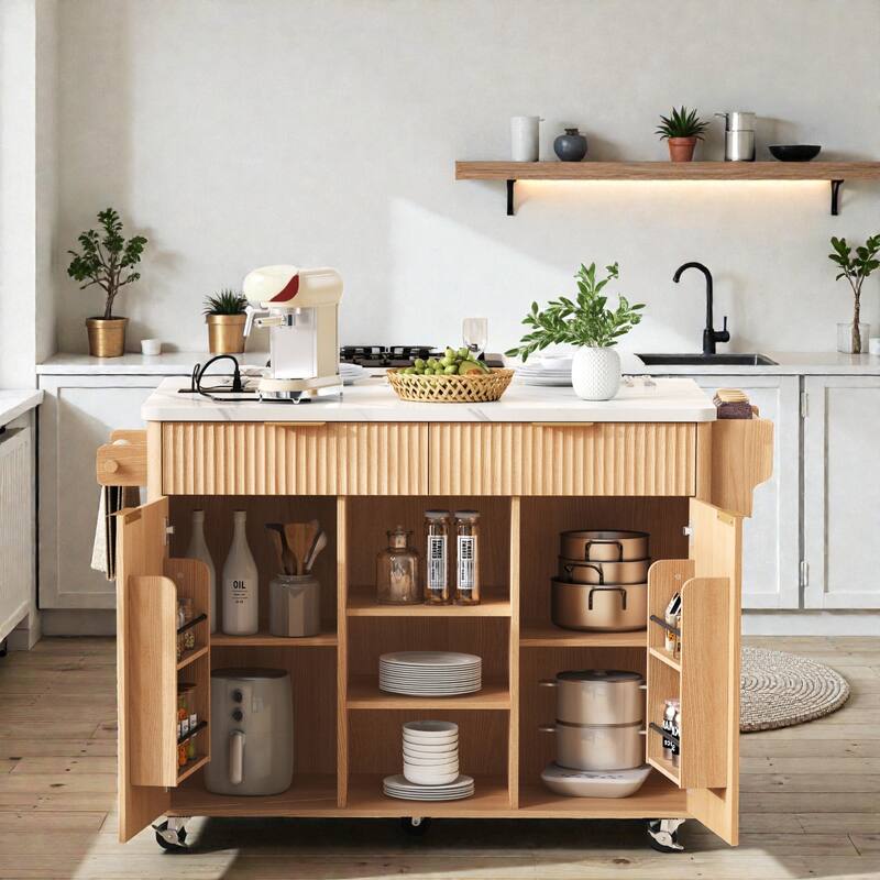 52" Fluted Kitchen Island with Drop Leaf, Power Outlet, Rolling Storage Cart with Adjustable Shelves, Drawers & Walnut Top
